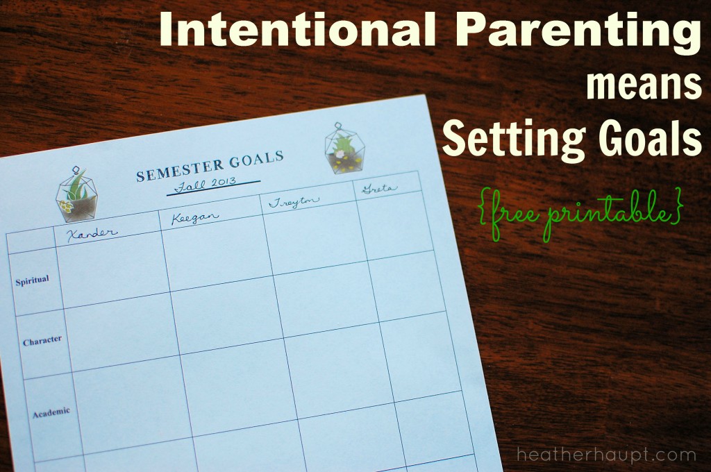 Intentional parenting means setting goals. Pray, plan and then act intentionally. {free printable semester goal sheets}