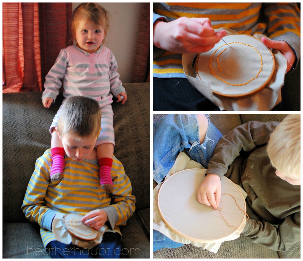 Letting kids embroider during read-aloud time.